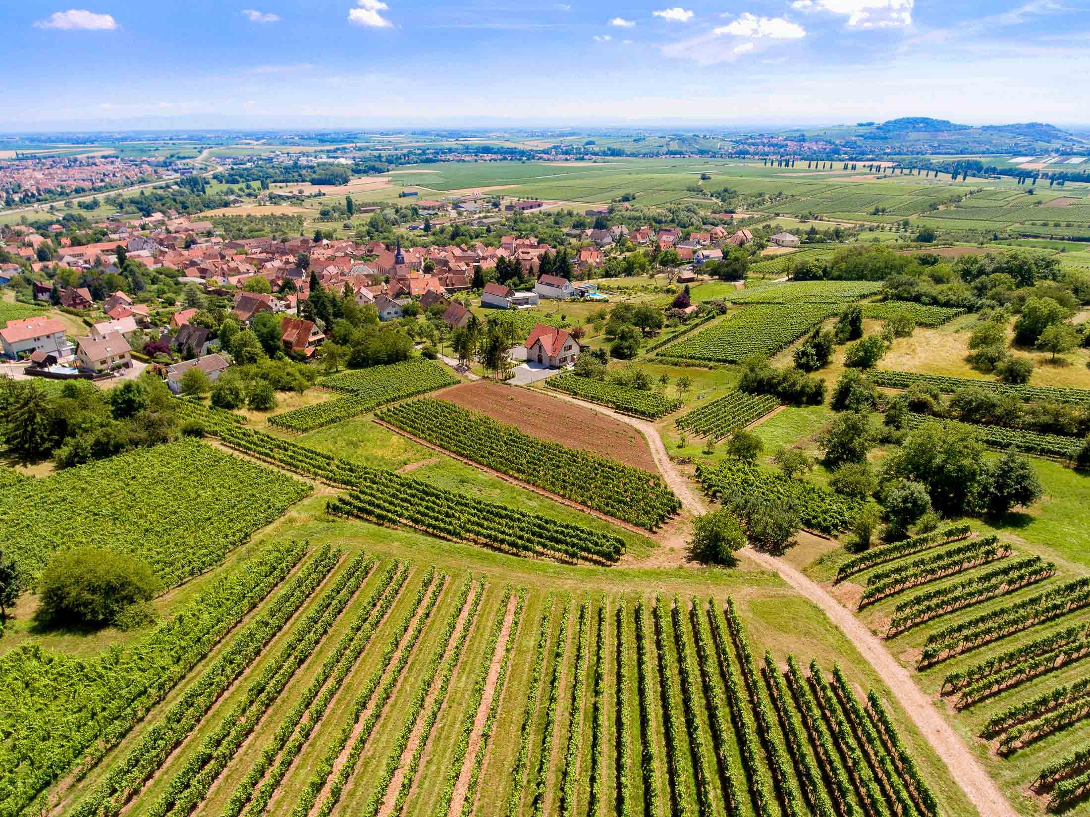 Prise de vue d'urbanisme réalisée par drone d'un gîte dans son environnement en Alsace